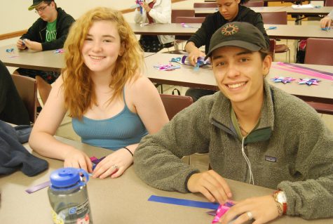 Sophomores Zoe Denomee and Aiden Sand pause their work to take a picture.  