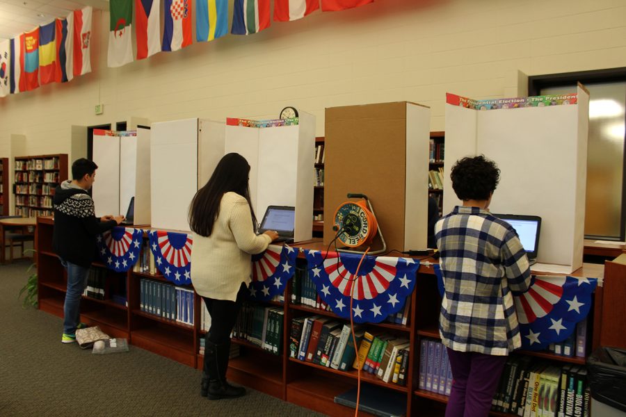 North students that participated in the BHSN mock election that was set up in the library by Mr. Muehlhaus stand at the fake voting machines to cast their ballots. 