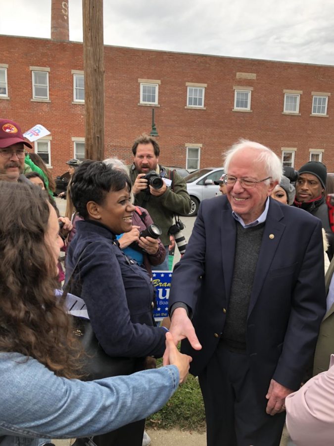  Sen. Bernie Sanders greets Monroe County Clerk Nicole Browne and other supporters outside the Monroe County early voting location. Jerrett Alexander/Fused
