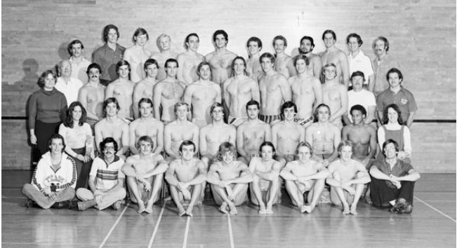 This image of the 1978-79 IU swimming team has Dan Rogers shown in the second row up, fourth from the right.

