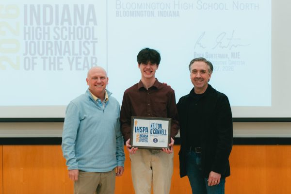 BHSN Student Media Advisor Troy Cockrum, Kelton O'Connell, and IHSPA Director Ryan Gunterman.