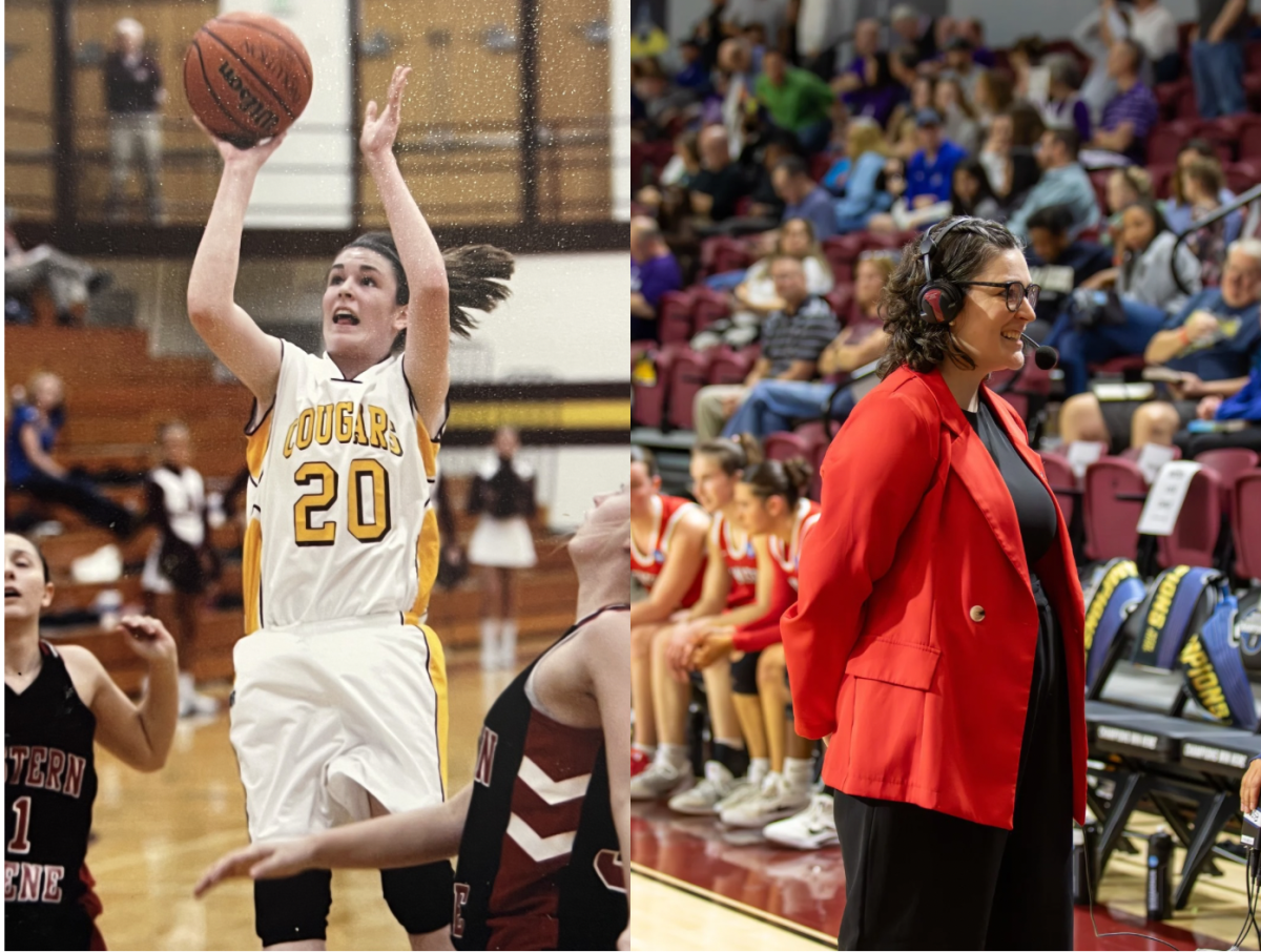 Maureen Hirt puts up a shot in the Bloomington North gym, on November 10, 2009 (Michael Huerta) (left). Hirt speaks with the press during the NCAA Division III Women’s Basketball Championship, against Scranton University, on March 21, 2026, for Denison University. (Hailey Owens, Denison University) (right).